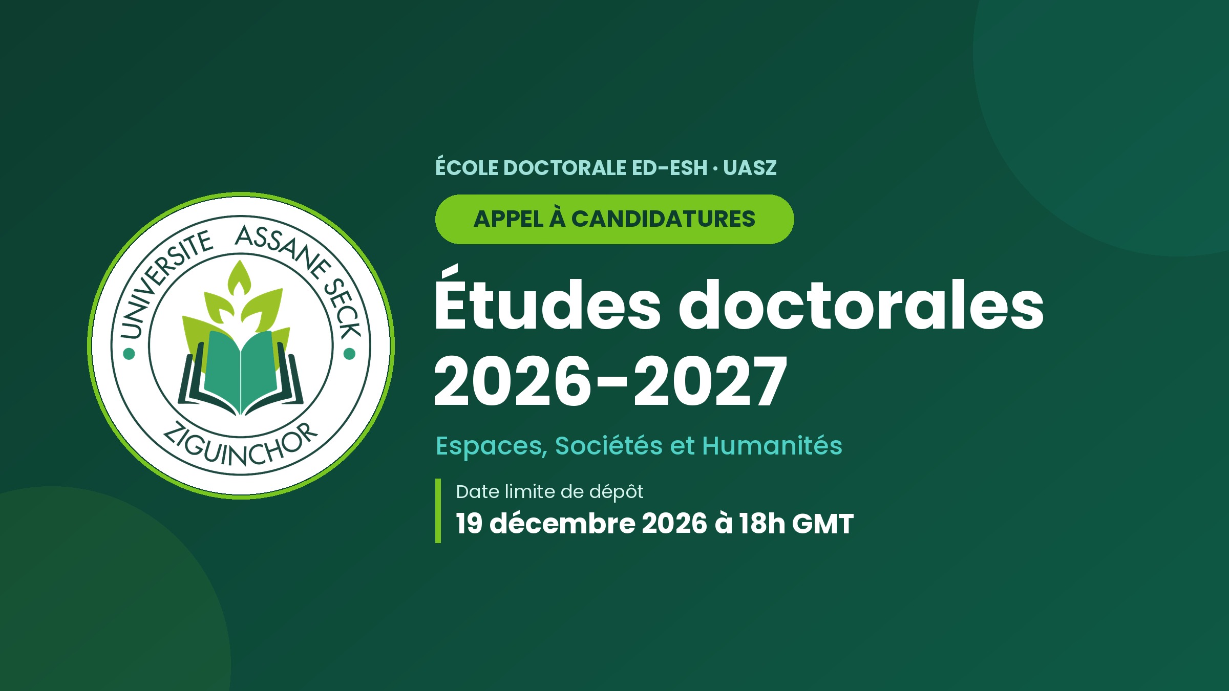 Appel à candidatures doctorat 2026-2027 : l’École doctorale ED-ESH de l’UASZ ouvre les inscriptions en thèse